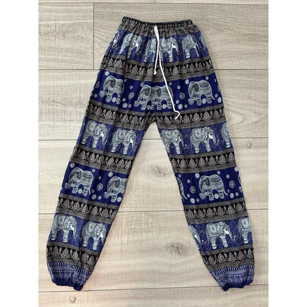Blue Elephant Print Harem Pants Boho Hippie Yoga Joggers Elastic Waist Size S/M